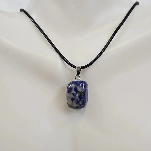 Blue Sodalite Natural Stone Cube Necklace with 18in Black Chain SN15 - Picture 4 of 4